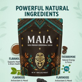 Maia Ceremonial Cacao, with Flavanol, Theobromine, Magnesium and Natural Flavonoids Blend, Improves Mental Clarity and Focus, Energy Boost & Elevate Mood, Zero Sugar 100% Pure and Natural