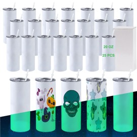 CHLJAR 20oz Sublimation Tumblers Glow in the Dark, 25 Pack Luminous Insulated Tumbler Bulk with Straw and Lid, Stainless Steel Double Wall Insulated Tumbler,White to Green
