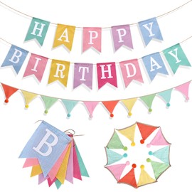 Happy Birthday Banner, Birthday Decorations with Pennant Flags, Colorful Imitated Burlap Birthday Signs with Cotton Crepe Triangle Bunting for Women Girls Boys Kids, Birthdate Party Celebration Backdrops