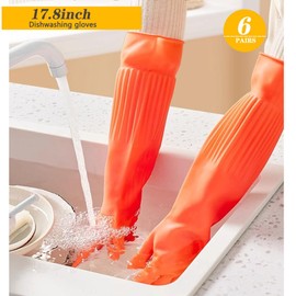 Vsootal 17.8" 6 Pairs Reusable Long Household Cleaning Gloves,Rubber Kitchen Dishwashing Gloves,Thickening,Long Sleeves, for Washing Dishes, Pet Care,Bathroom,Laundry(Size M)