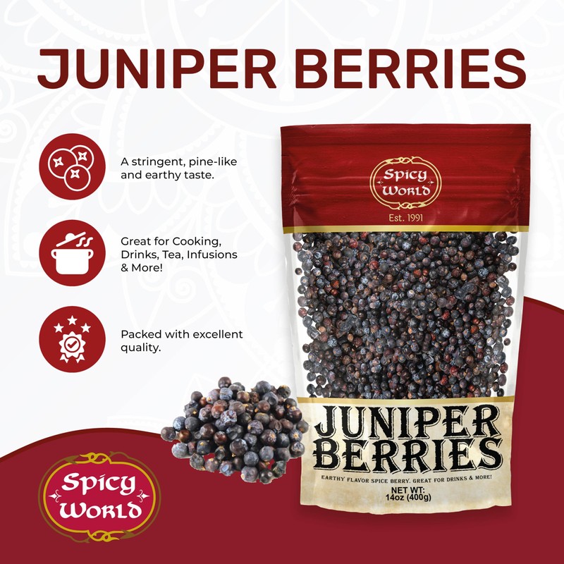 Spicy World Juniper Berries Whole 14 Ounce Bag- Pure -