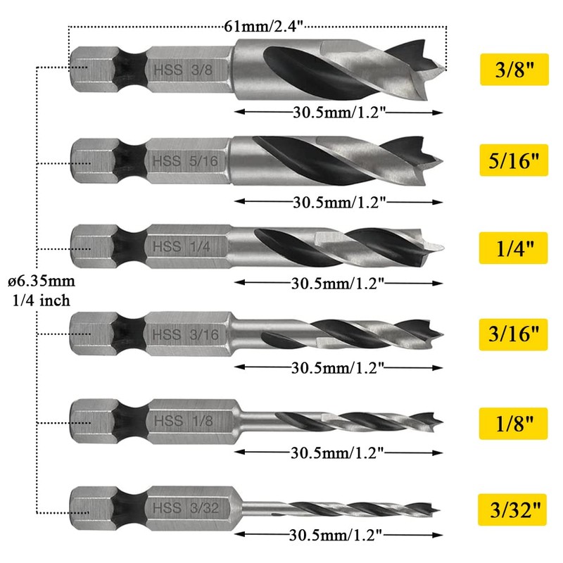 Bestgle 6 Pcs Brad Point Drill Bits, 1/4 Inch Hex
