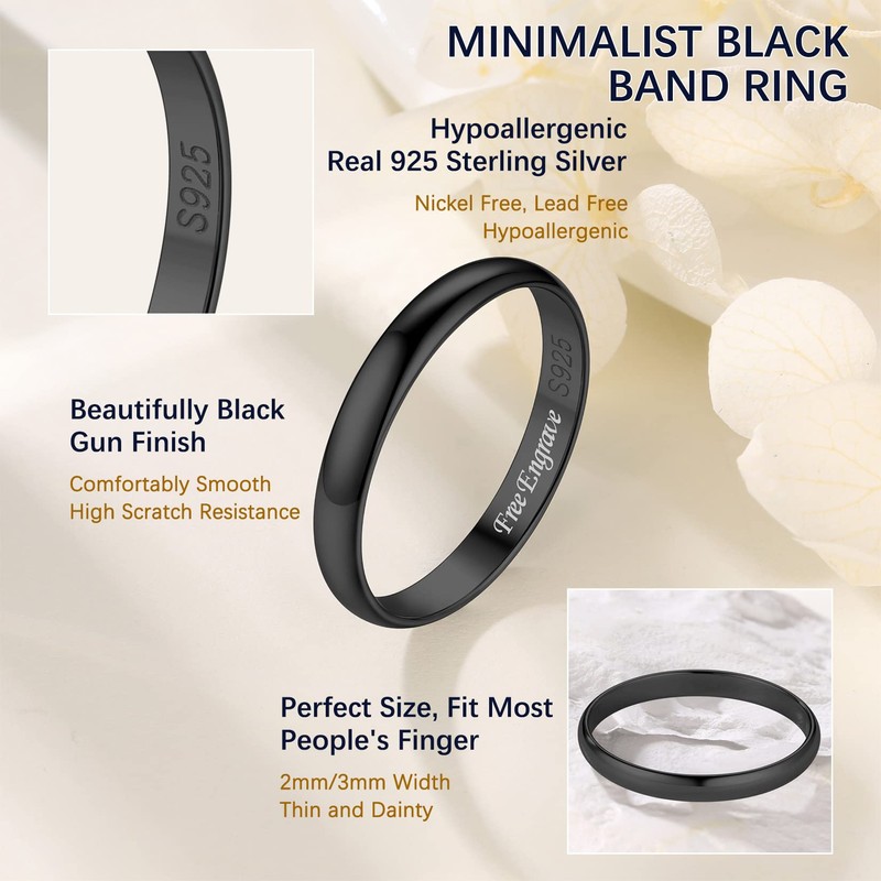 Suplight Black Stackable Rings 925 Sterling Silver Thin Rings for
