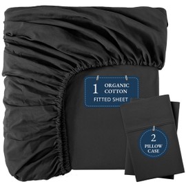 LANE LINEN Fitted Sheet Full Size, 100% Organic Cotton, 3-Piece Set (1 Fitted Sheet, 2 Pillowcases) Percale Weave, Bed Fitted Sheets, Breathable, Fits Mattress Upto 15" Deep - Black (No Flat Sheet)