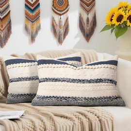 Boho Throw Pillow Covers 20 * 12 Inch Set of 2 Decorative Accent Pillowcase Farmhouse Bohemian Neutral Textured Cushion Cover for Couch Sofa Bedroom Living Room (Navy, 20 * 12)