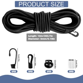Dncvb Rubber Cord Expander Rope 5 mm 10 m Black Elastic Rubber Cord with 5 Spiral Hooks, 5 Choke Clamps, 5 Plastic Hooks, 5 Cord Locks, Rubber Cord for Trailer Tarpaulin, Camping, Sailing Tarpaulin