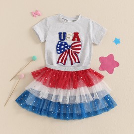 Kayotuas 4th of July Toddler Girl Outfit USA Bow Shirt Red White Blue Sparkle Star Tulle Skirt Set Fourth of July Tutu Dress (Gray, 12-18 Months)