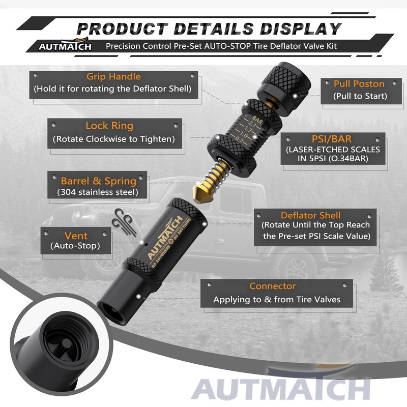 AUTMATCH Adjustable Tire Deflator Valve Kit (10-30PSI) - Tire Air