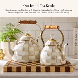 MACKENZIE-CHILDS Enamel Tea Kettle, Stylish Tea Kettle for Stovetop, Brown-and-White Mocha Check, 2 Quarts