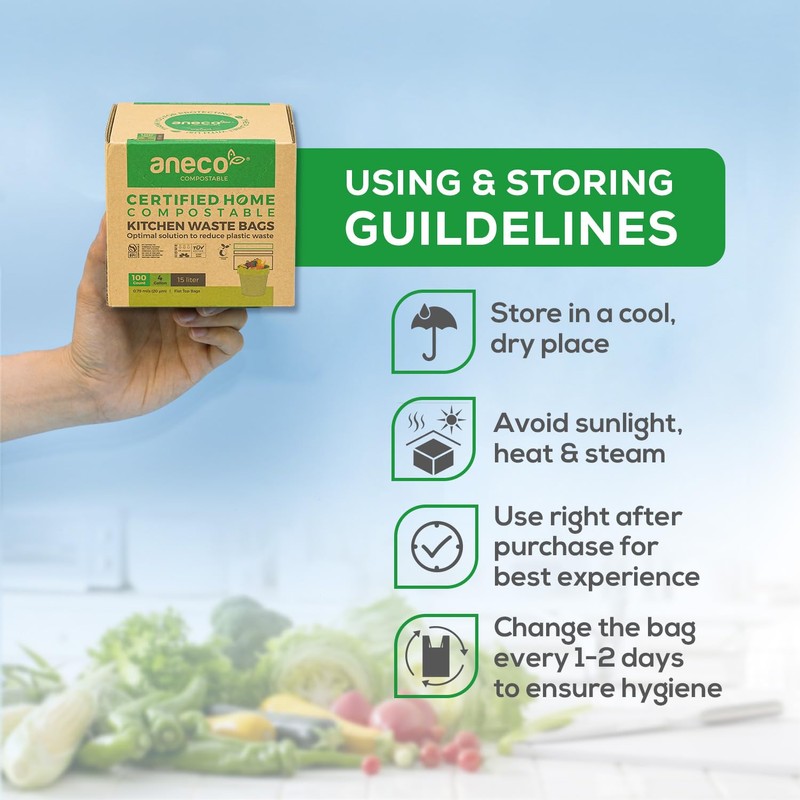 ANECO Compostable Trash Bags 4 Gallon (Flat-Top, 100 Count), Extra