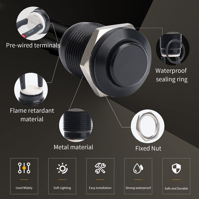 STARELO 5pcs 12mm Momentary Push Button Switch Black Shell with