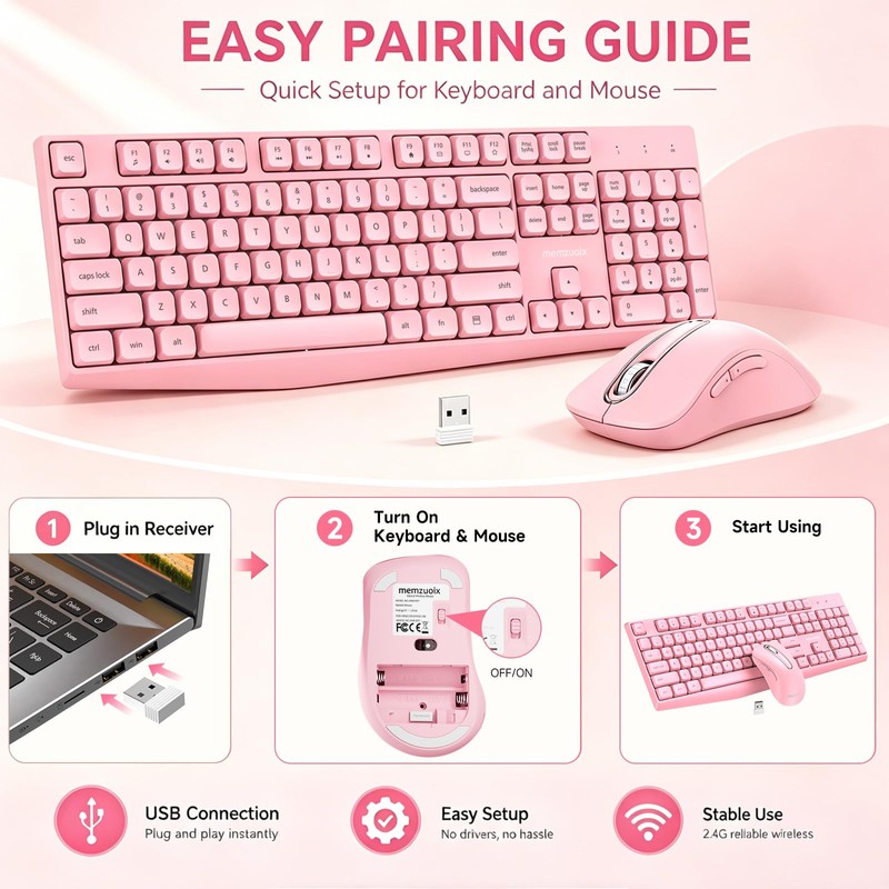 Wireless Keyboard and Mouse Combo, 2.4G Full Size Ergonomic Keyboard