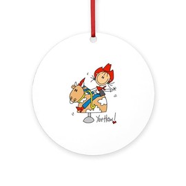 CafePress Cowgirl Mechanical Bull Round 4" MDF Holiday Ornament