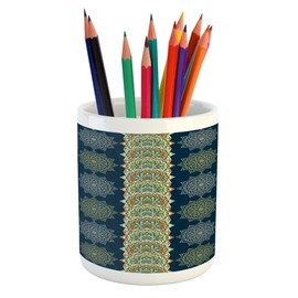 Ambesonne Eastern Pencil Pen Holder, Bohemian Motifs Vertical Borders Moroccan Ottoman Cultures Inspired, Printed Ceramic Pencil Pen Holder for Desk Office Accessory, Multicolor