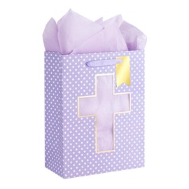 Loveinside Purple Gift Bag with Tissue Paper for Baby Boy Baptisms, Christenings, First Communions Religious Occasion- Cross Design, 25.4x12.7x33cm, 1 Pcs - Pink with Cross Design