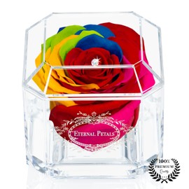 A 100% Real Rose That Lasts Years - Eternal Petals, Handmade in UK – White Gold Solo with A Multicolour Crystal (Rainbow)