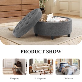 COLAMY Fabric Round Storage Ottoman with Reversible Tray Lid – Multi-Functional Footrest, Hidden Storage, Sturdy & Stylish Small Coffee Table for Living Room, Bedroom, or Entryway(Dark Grey)