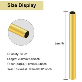 LAVMHAB Brass Pipe 8 mm OD/Outer Diameter x 0.3 mm Wall Thickness, 200 mm Length, Seamless Round Brass Tube for Crafts (Pack of 3)