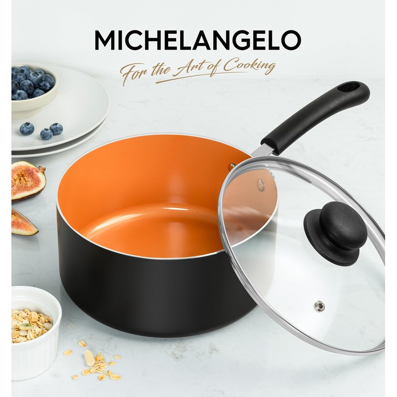 MICHELANGELO Nonstick Sauce Pan With Lid, 3QT Ceramic Saucepan, Copper