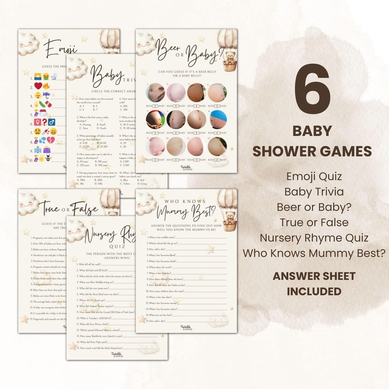 Twinkle & Twine Neutral Teddy Bear Baby Shower Games Bundle