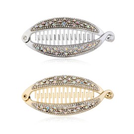 2Pcs Shining Rhinestone Banana Fish-Shaped Hair Combs Clips Plastic Grip Barrette Ponytail Holder Clamps Hairpins Headwear Hair-Styling Accessories (Silver+ Gold)
