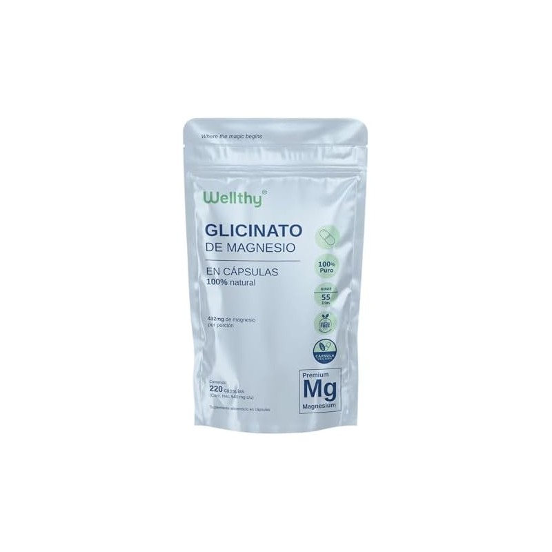 Wellthy Glicinato de Magnesio 220 Cápsulas 432mg. 100 Natural, Alta