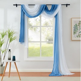 1 Piece Ombre Chiffon Sheer Window Scarf Valance Curtains 18ft for Living Room, Home Decor, 52"x216" Long Crinkle Soft Window Top Sheer Voile Valance for Wedding Party Decor, Blue