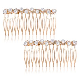 2Pcs Pearl Hair Accessories, Decorative Hair Combs for Women Accessories, Gold Pearl Hair Comb with Rhinestones, Hair Side Combs for Bridal and Wedding, Hair Combs for Women Decorative