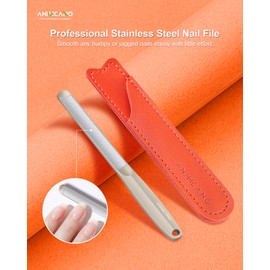 Professional Stainless Steel Nail File with Leather Case, ANIHCANO Curved Surface Heavy Duty Reusable Nail File for Home Salon or Travel Use (Champagne Stainless Steel File)
