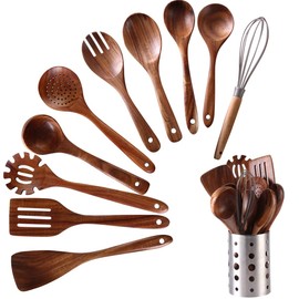 NAYAHOSE Wooden Kitchen Utensils Set with Holder, NAYAHOSE 11 Pcs Teak Wooden Cooking Spoons and Spatulas with Stainless Steel Storage Barrel
