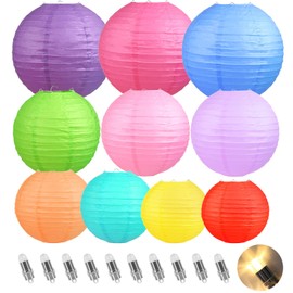 LIHAO 10PCS Colorful Paper Lanterns with Lights, Multicolor Chinese Lanterns Hanging Paper Lanterns for Party Decorations Wedding Birthday Classroom DIY Crafts(Size of 6'' 8'' 10'' 12'')
