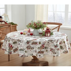Newbridge Vintage Nostalgia Home for Holidays Print Flannel Back Vinyl Christmas Tablecloth - Vintage Santa Claus, Snowman and Sleigh Xmas Wipe Clean Easy Care Tablecloth, 60” x 84” Oval
