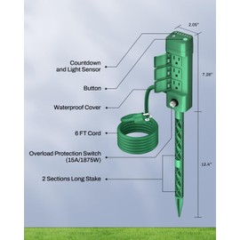 BN-LINK Outdoor Power Strip Yard Stake Timer, Photocell Dusk Till Dawn 6 Grounded Outlets 6 ft Cord Weatherproof for Christmas Lights, 1875W/15A ETL Listed