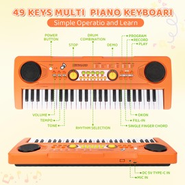 Kids Piano Keyboard Toy with Mic – 49 Keys Portable Electronic Piano for 3 4 5 6 7 Girls Boys Beginners Birthday Xmas Gifts, Orange
