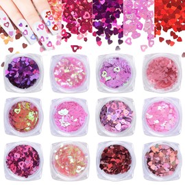 12 Boxes Nail Art Sequins, Nail Glitter Sequins, Star Sequins, Heart Shape Sequins, Glitter Nail Art Sequins for Valentine's Day, Festival, Masquerade, Make-Up Accessories
