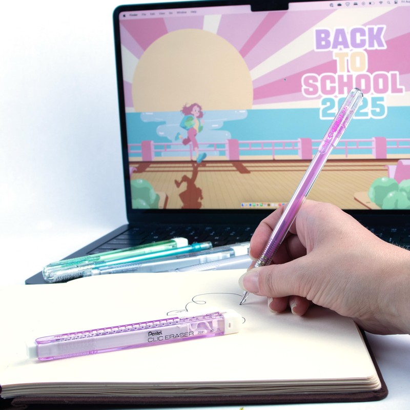 Pentel Clic Eraser ZE81 Rectangular, Refillable, Purple, Clear (Pack of