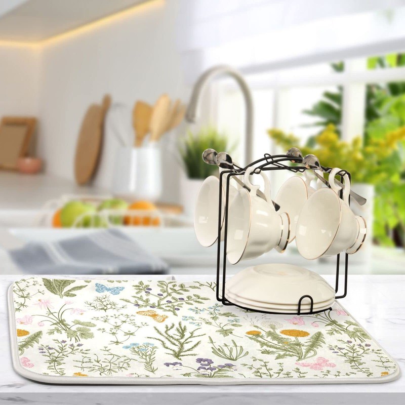 Herbs Flowers Botanical Butterfly Dish Drying Mat for Kitchen Counter