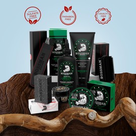 Bossman Big Boss Beard Care Kit for Men - 7 Piece Beard Grooming Kit with Jelly Beard Oil, Beard Conditioner, Beard Balm, MUDstache Wax, Bar Soap, Metal Comb, Brush - Mustache Kit (Vetiver X)