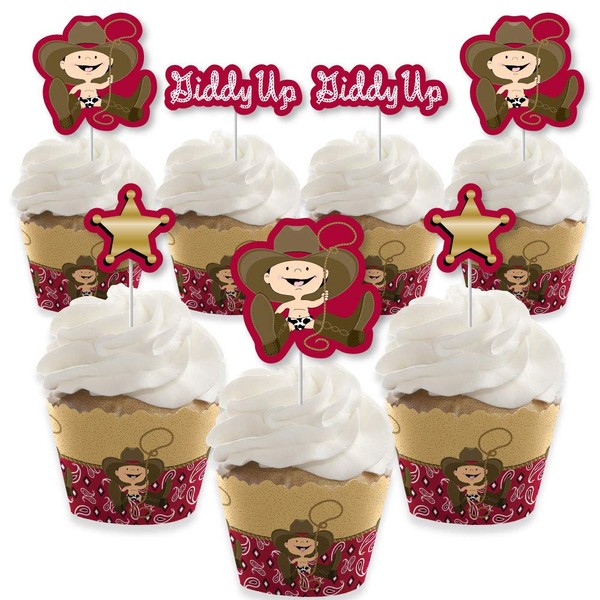 Little Cowboy – Decoración para cupcakes – Western Baby Shower o fiesta de cumpleaños Cupcake Wrappers and Treat Picks Kit – Juego de 24