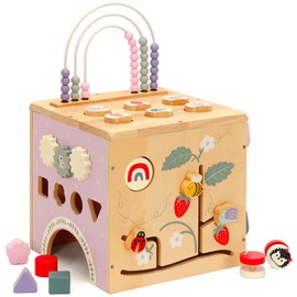 Pillowhale Wooden Activity Cube, Baby Montessori Toys with 8-in-1 Activity Center, Toddler Busy Board Multifunctional Sensory Toy, Educational Learning Gifts for 1 2 3 Year Old Boys Girls