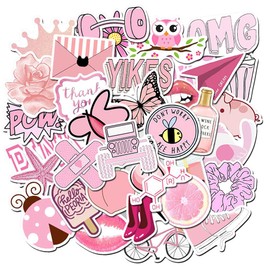 Girl's Pink Aesthetic Stickers - Waterproof Cute Stickers 50 PCS for Water Bottle, Laptop, Phone - Teens & Kids