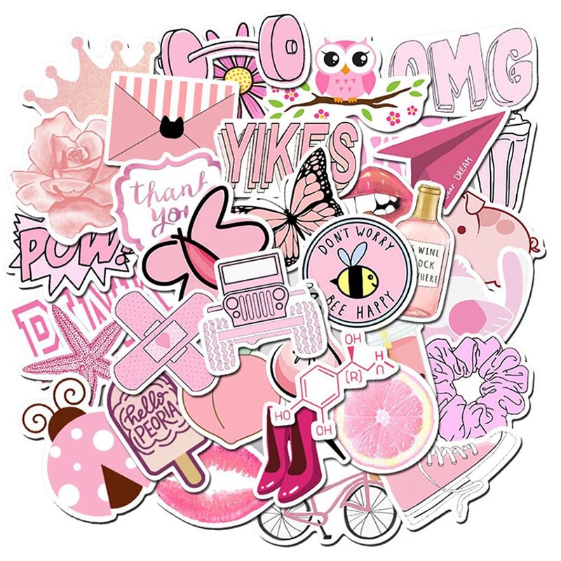 Girl's Pink Aesthetic Stickers - Waterproof Cute Stickers 50 PCS