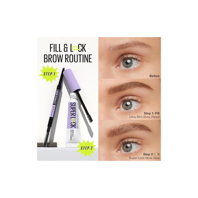 Maybelline Super Lock Brow Glue Gel para Cejas, Impermeable con
