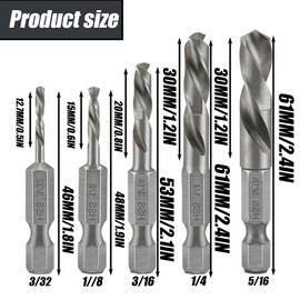 5Pcs 1/4" Quick Change Hex Shank Metal Stubby Drill Bits, HSS M2 Short Drill Bit Set for Right-Angle Drill Attachment, 3/32, 1/8, 3/16, 1/4, 5/16 Inch for Woodworking