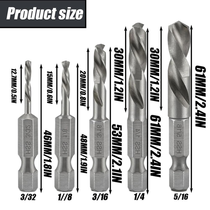 5Pcs 1/4" Quick Change Hex Shank Metal Stubby Drill Bits,
