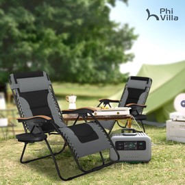 PHI VILLA XXL Oversized Padded Zero Gravity Chair, Foldable Patio Recliner, 30" Wide Seat Anti Gravity Lounger with Cup Holder, Support 400 LBS (Gray)