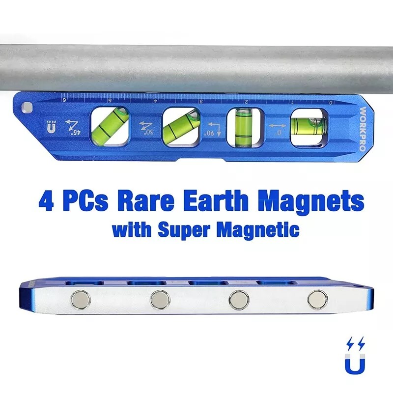 WORKPRO 8” Magnetic Torpedo Level 4 Bubble Vials for 0°/90°/45°/30°