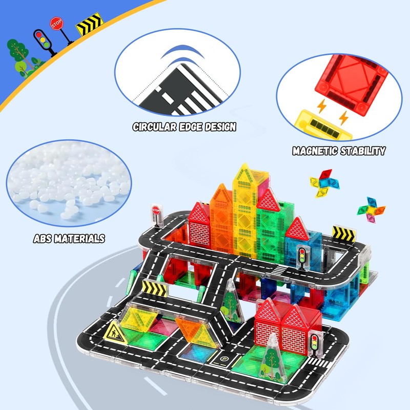 kocojrff Mini Road Magnetic Tiles Set, Travel Magnatiles with Metal
