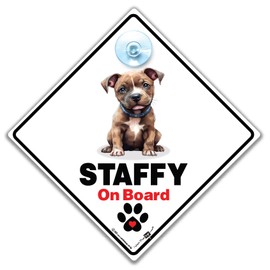 Staffy On Board Sign, Dog Car Sign for Staffordshire Bull Terrier, Staffie Dog Advisory Car Sign Designed to Notify of Dog in Car 14 cm x 14cm x 2cm