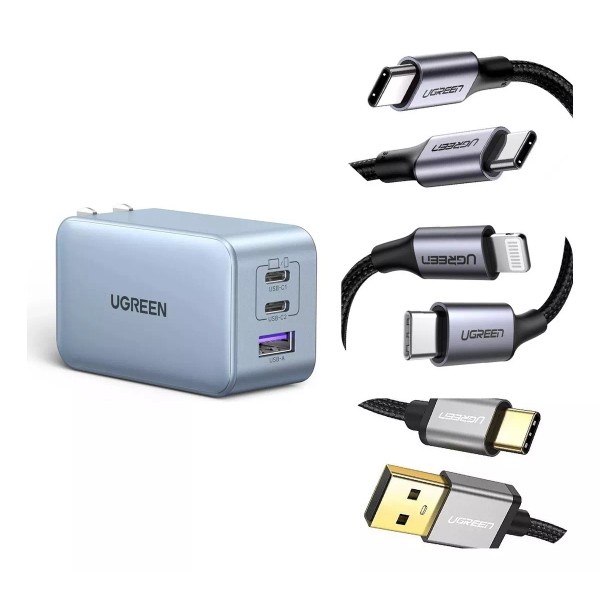 Ugreen Kit Cargador 65w 2 Puertos Usb C Y 1 Usb A + Cables Ugreen Color Celeste